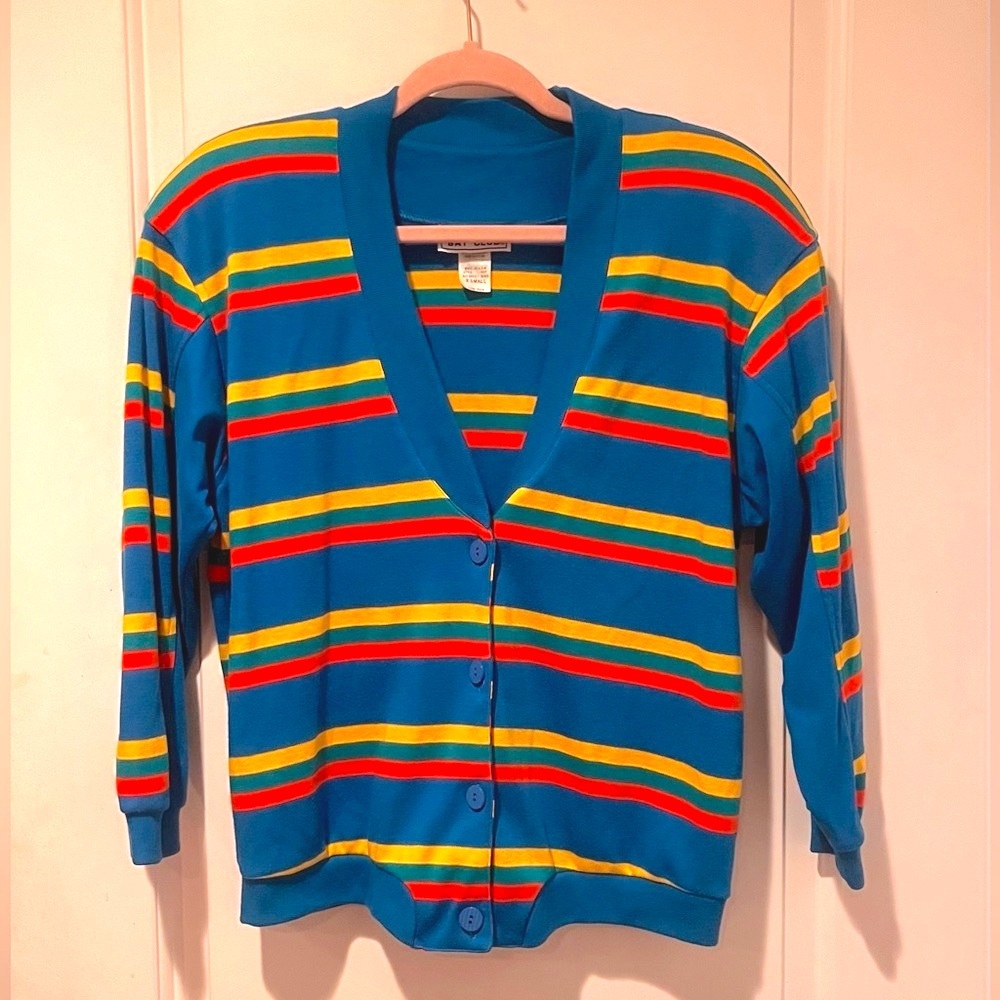 Bay Club Button down Vintage Striped Sweater - Blue, Red, Yellow - XS (fits S/M)